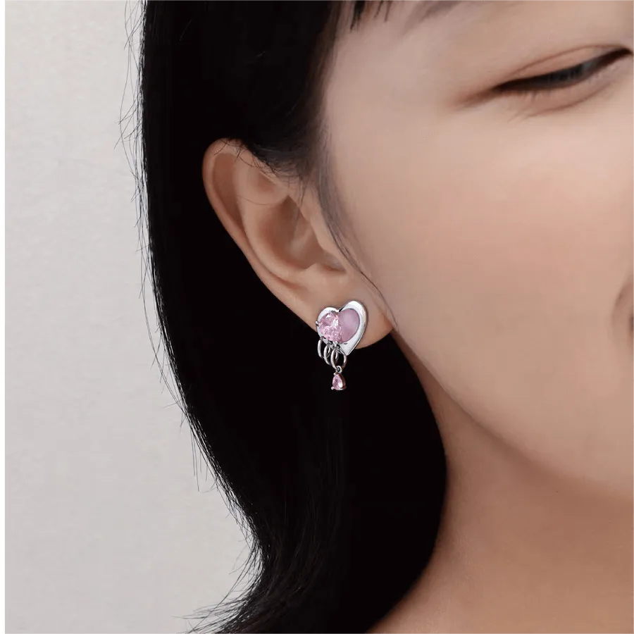 Cute Pink Crystal Dangle Heart Earrings