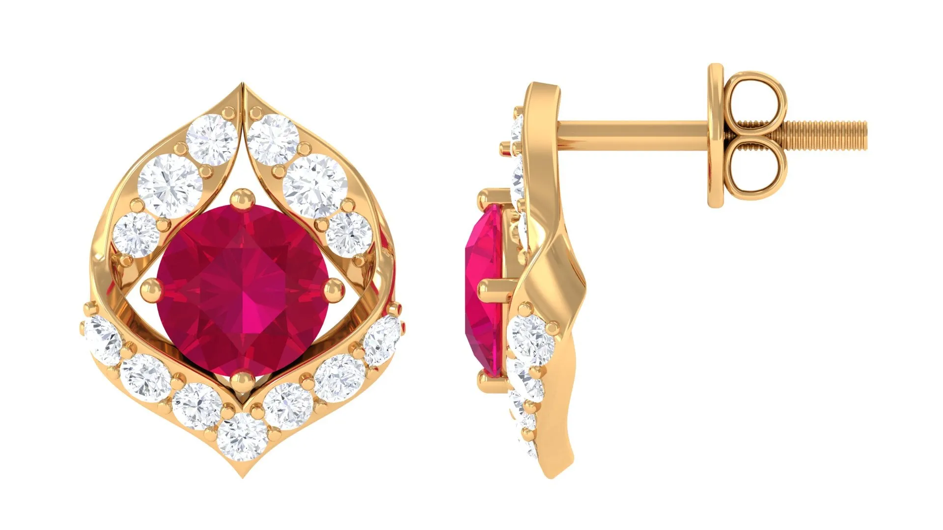 Dainty Ruby July Birthstone Stud Earrings with Diamond