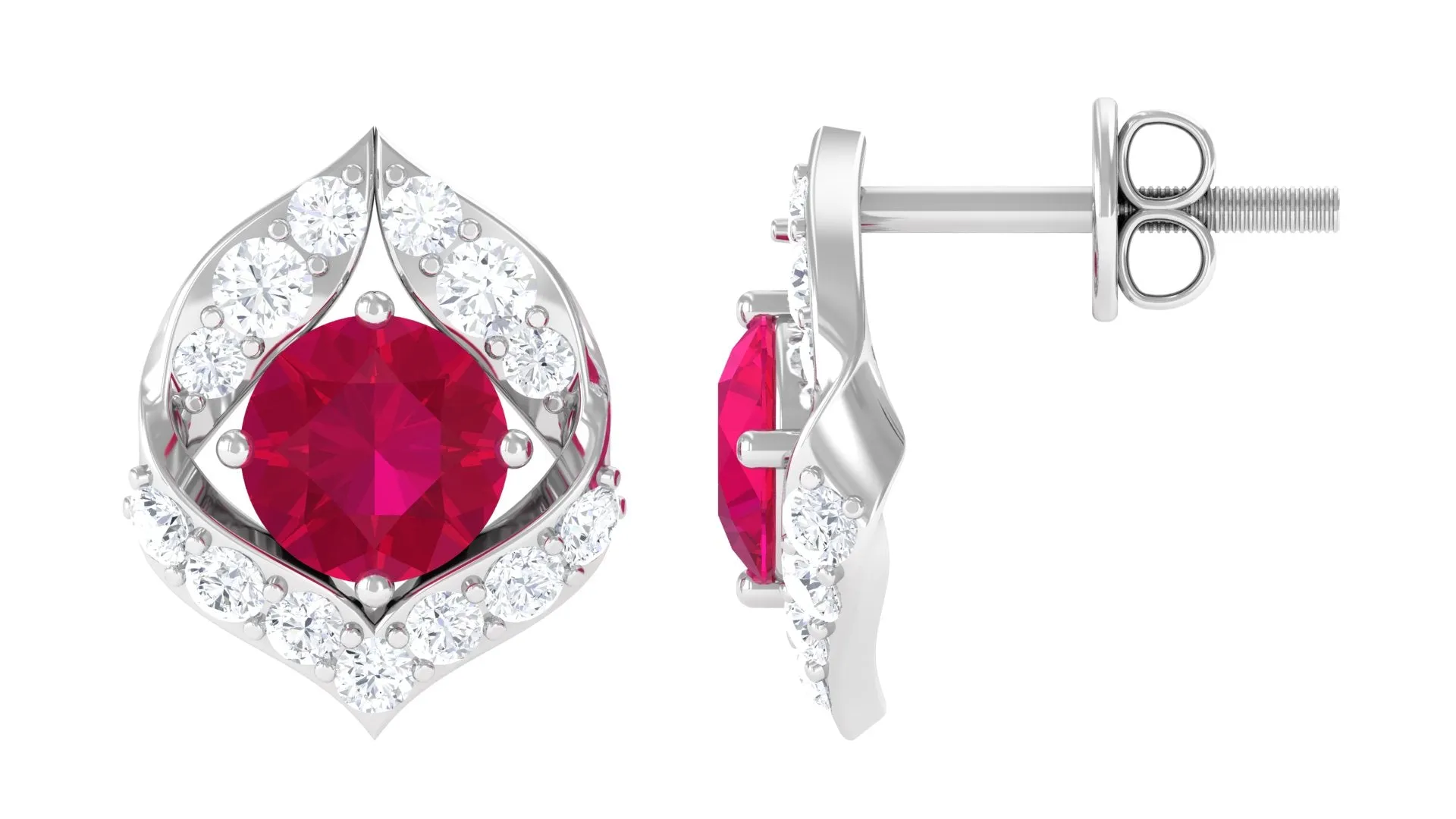 Dainty Ruby July Birthstone Stud Earrings with Diamond