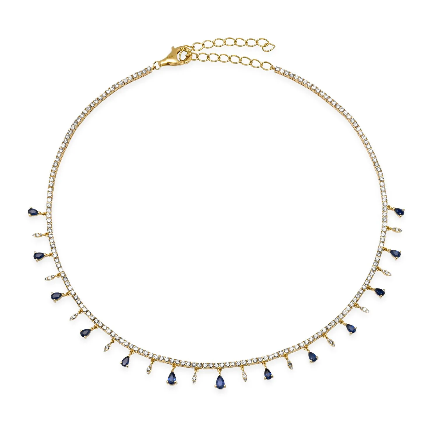 Diamond Tennis Necklace with Diamond & Blue Sapphire Dangles