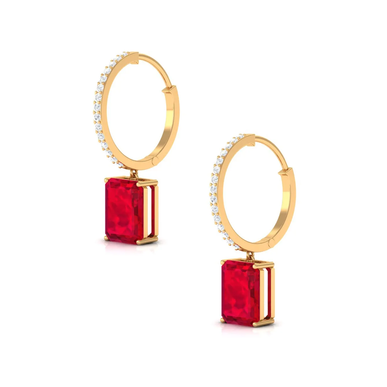 Emerald Cut Created Ruby Hoop Drop Earrings with Diamond Accent