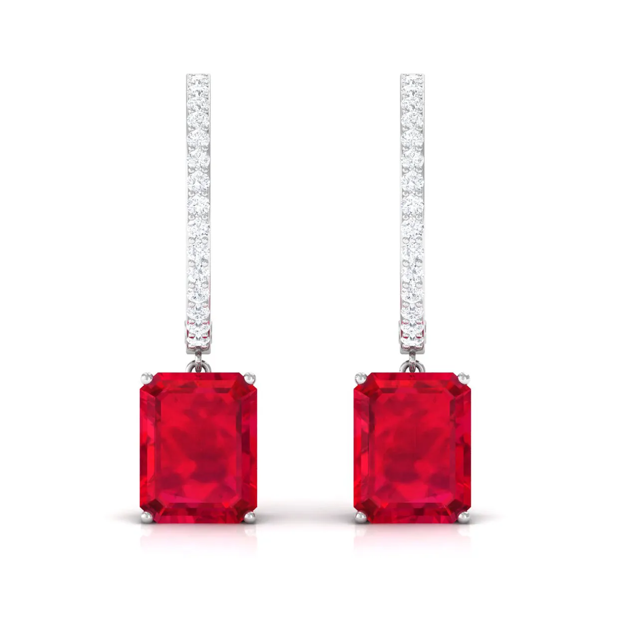 Emerald Cut Created Ruby Hoop Drop Earrings with Diamond Accent