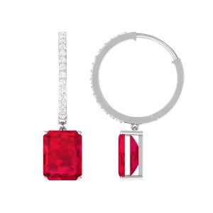 Emerald Cut Created Ruby Hoop Drop Earrings with Diamond Accent