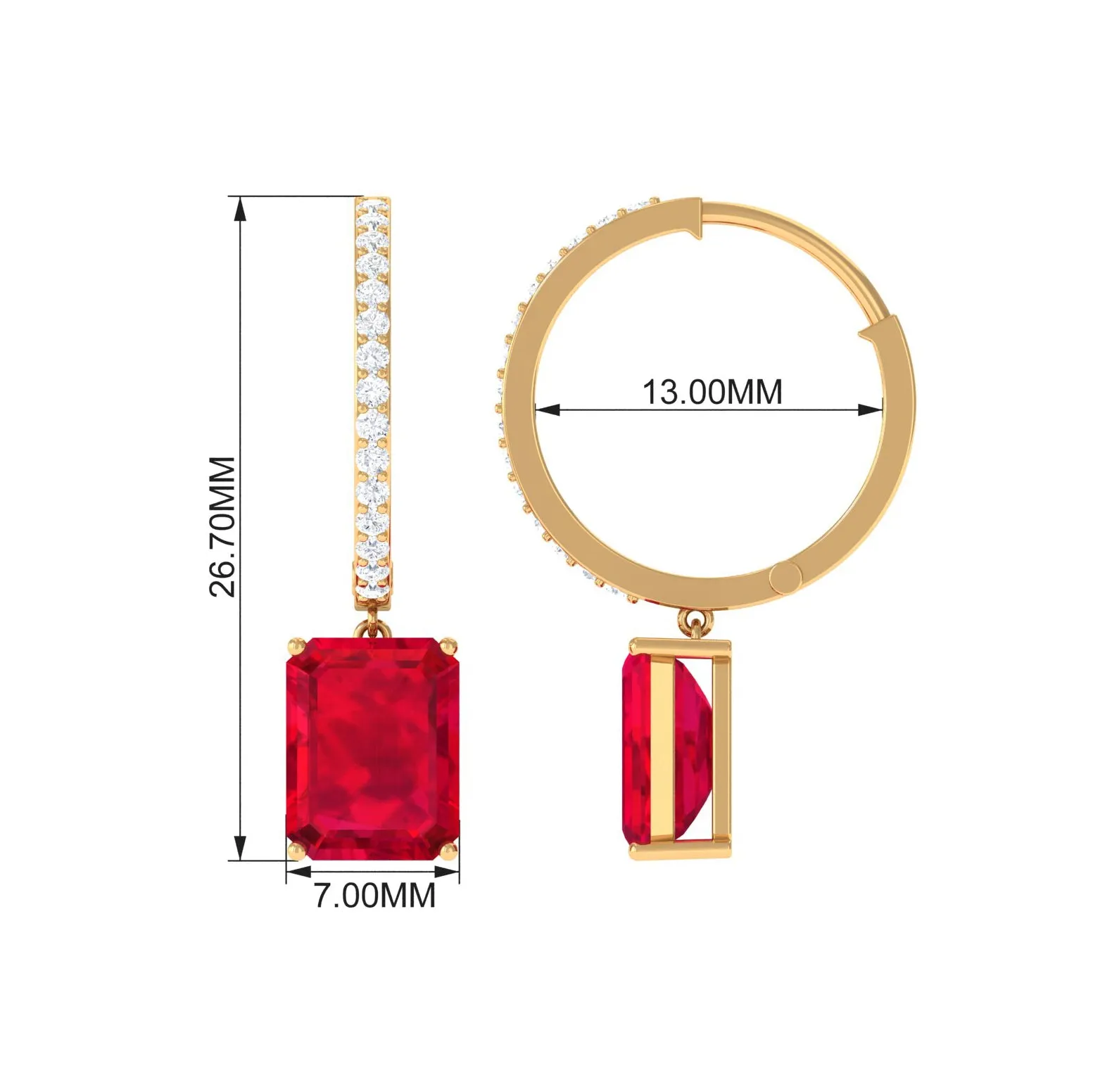 Emerald Cut Created Ruby Hoop Drop Earrings with Diamond Accent