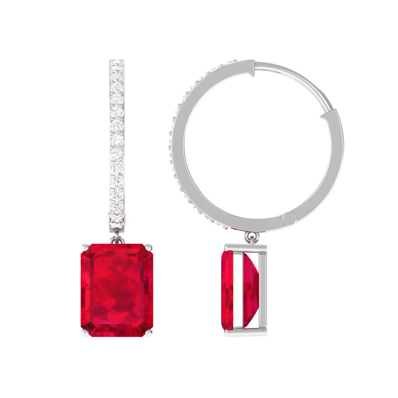 Emerald Cut Created Ruby Hoop Drop Earrings with Diamond Accent