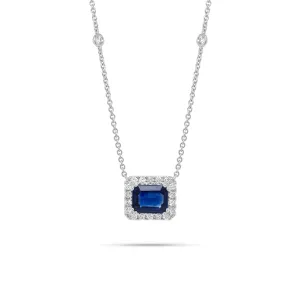 Emerald-Cut Sapphire Halo Diamond Pendant Necklace