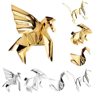 Fashion Gold Silver Geometry Origami Animal Brooches Metal Cat Rabbit Horse Bird 3D Pins Badge Corsage Jewellery