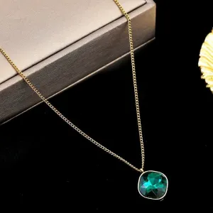 Geometric Rhombus Green Crystal Stainless Steel Necklace Charm Jewelry NCJT30