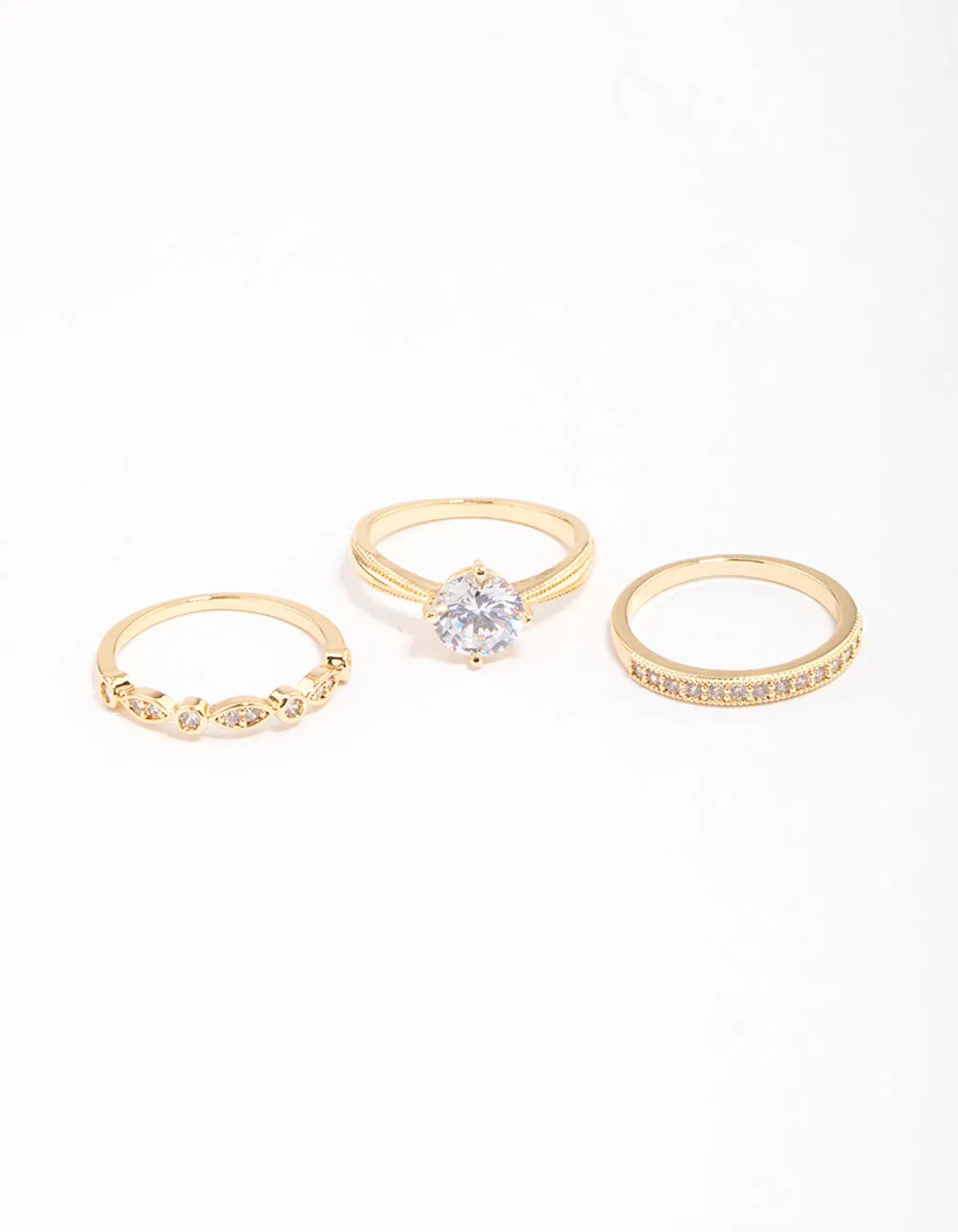 Gold Plated Cubic Zirconia Round Stone Ring Pack