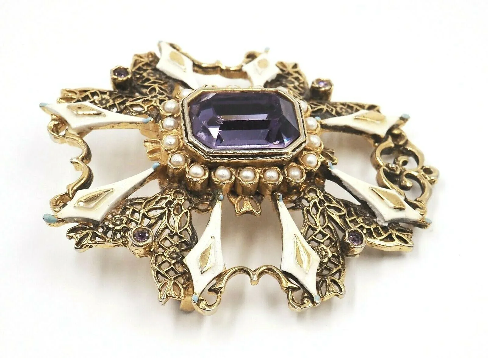 Gold Toned Setting Seed Pearl & Amethyst Glass Brooch Vintage Fashion Jewellery