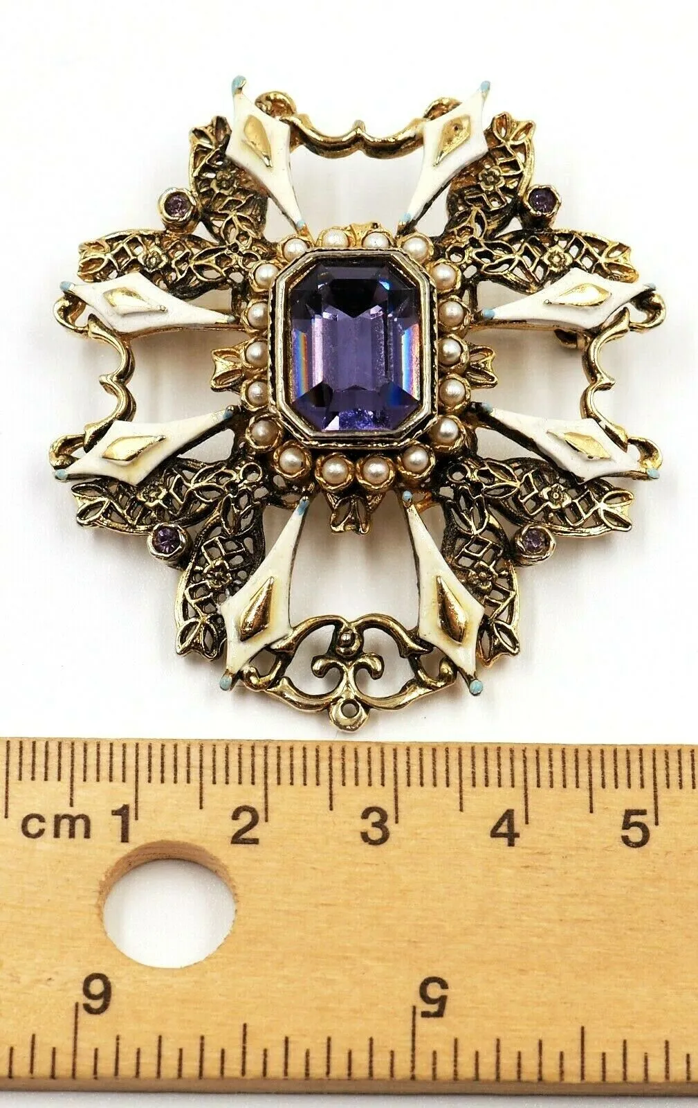 Gold Toned Setting Seed Pearl & Amethyst Glass Brooch Vintage Fashion Jewellery