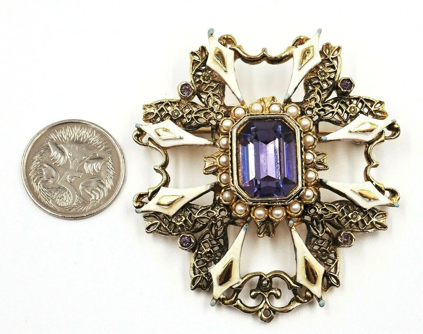 Gold Toned Setting Seed Pearl & Amethyst Glass Brooch Vintage Fashion Jewellery