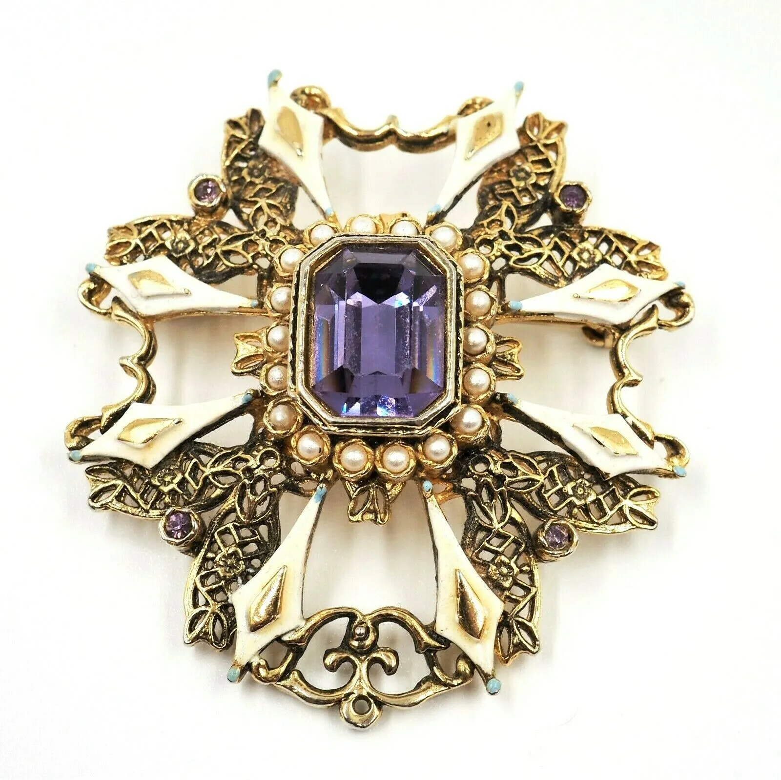 Gold Toned Setting Seed Pearl & Amethyst Glass Brooch Vintage Fashion Jewellery