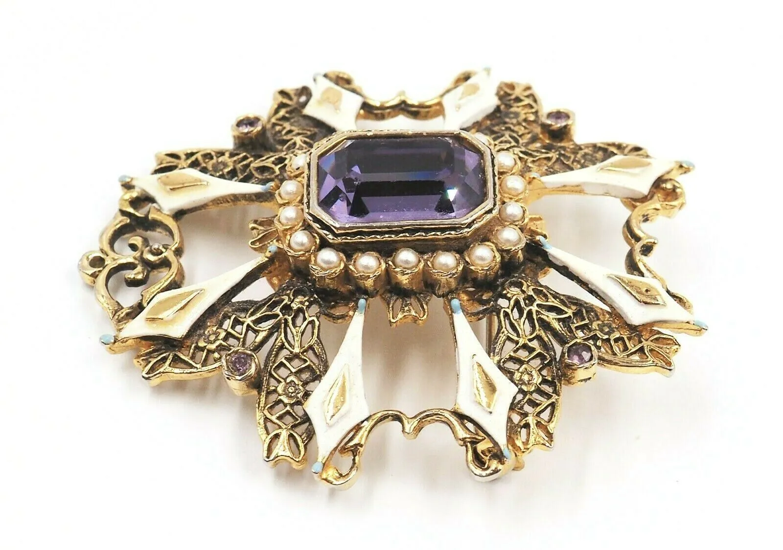 Gold Toned Setting Seed Pearl & Amethyst Glass Brooch Vintage Fashion Jewellery