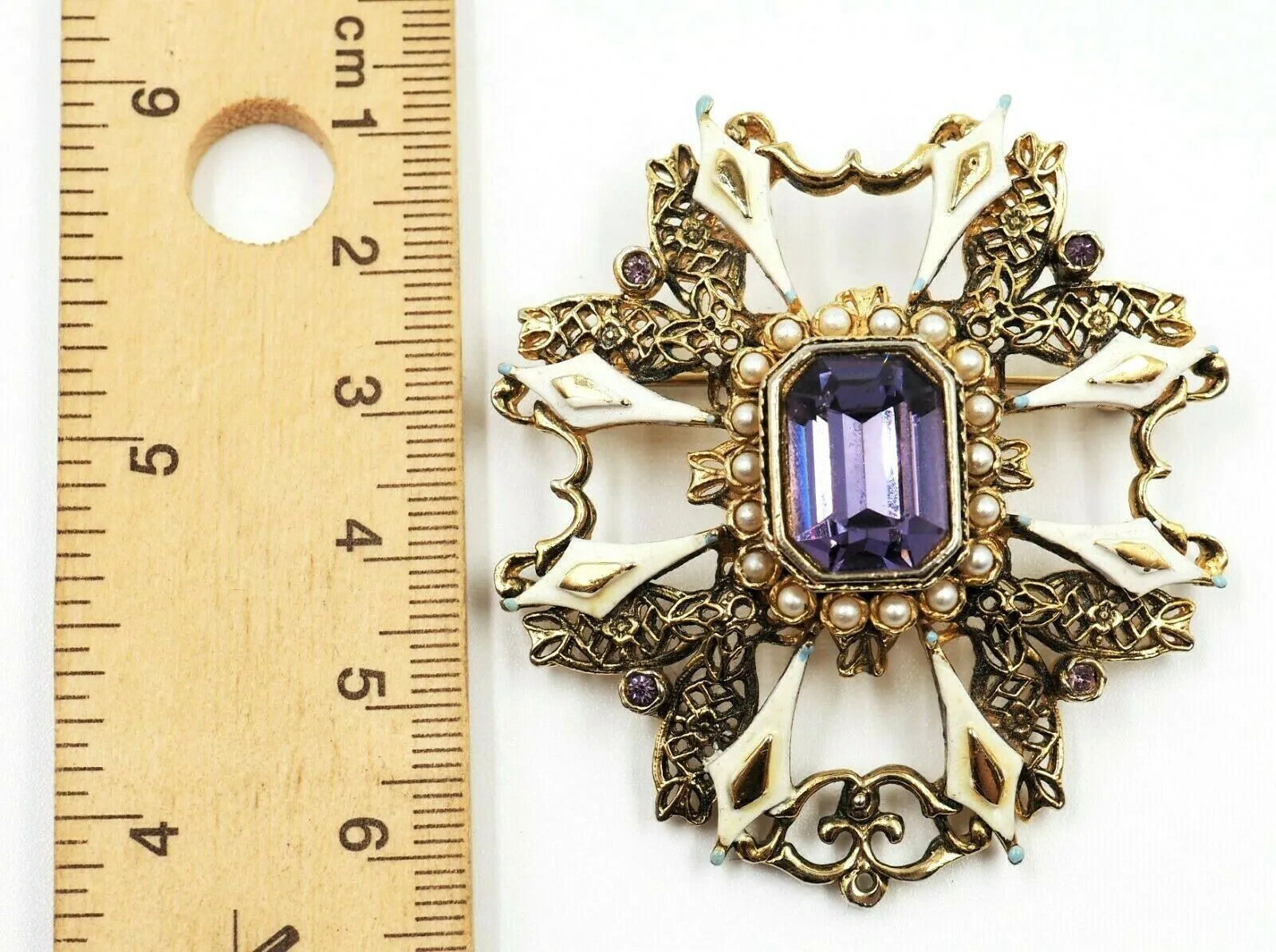 Gold Toned Setting Seed Pearl & Amethyst Glass Brooch Vintage Fashion Jewellery