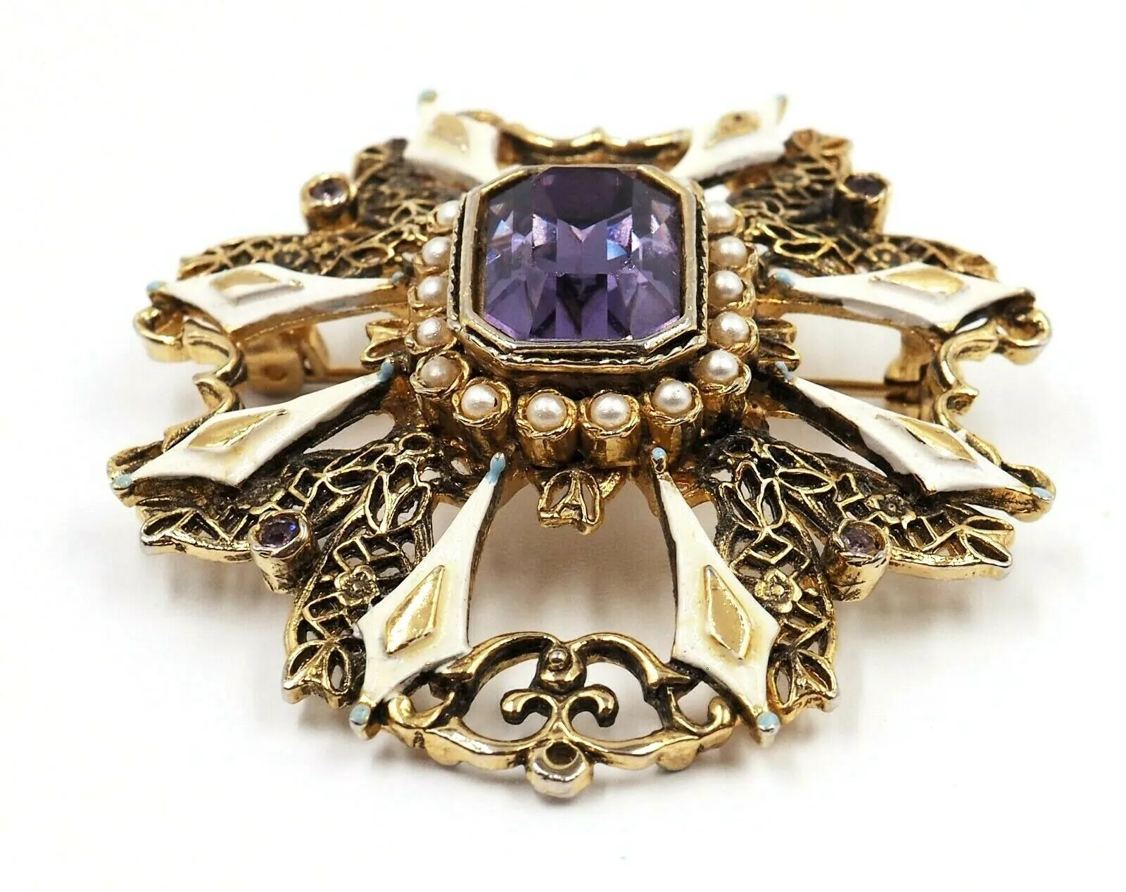 Gold Toned Setting Seed Pearl & Amethyst Glass Brooch Vintage Fashion Jewellery