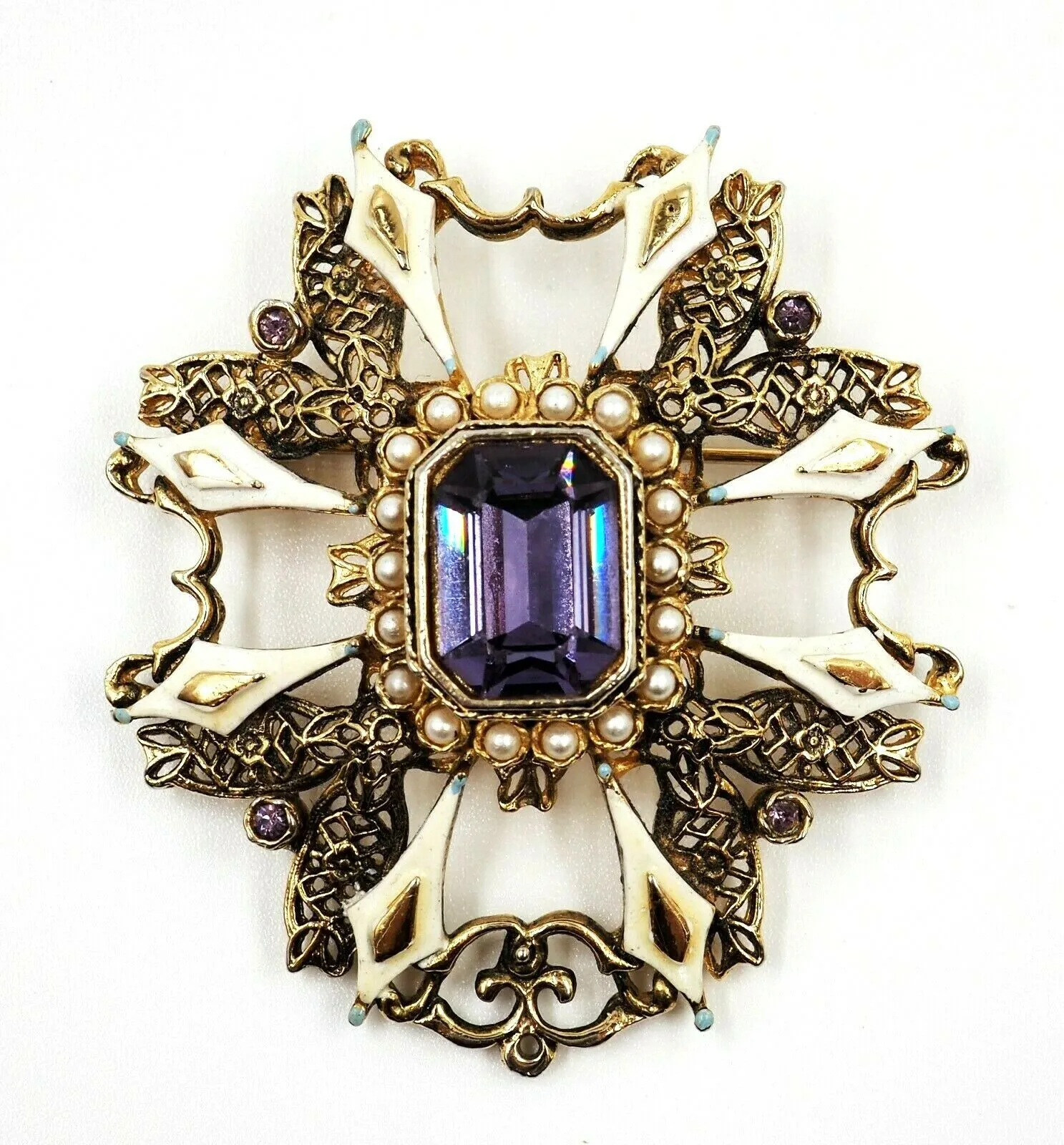 Gold Toned Setting Seed Pearl & Amethyst Glass Brooch Vintage Fashion Jewellery