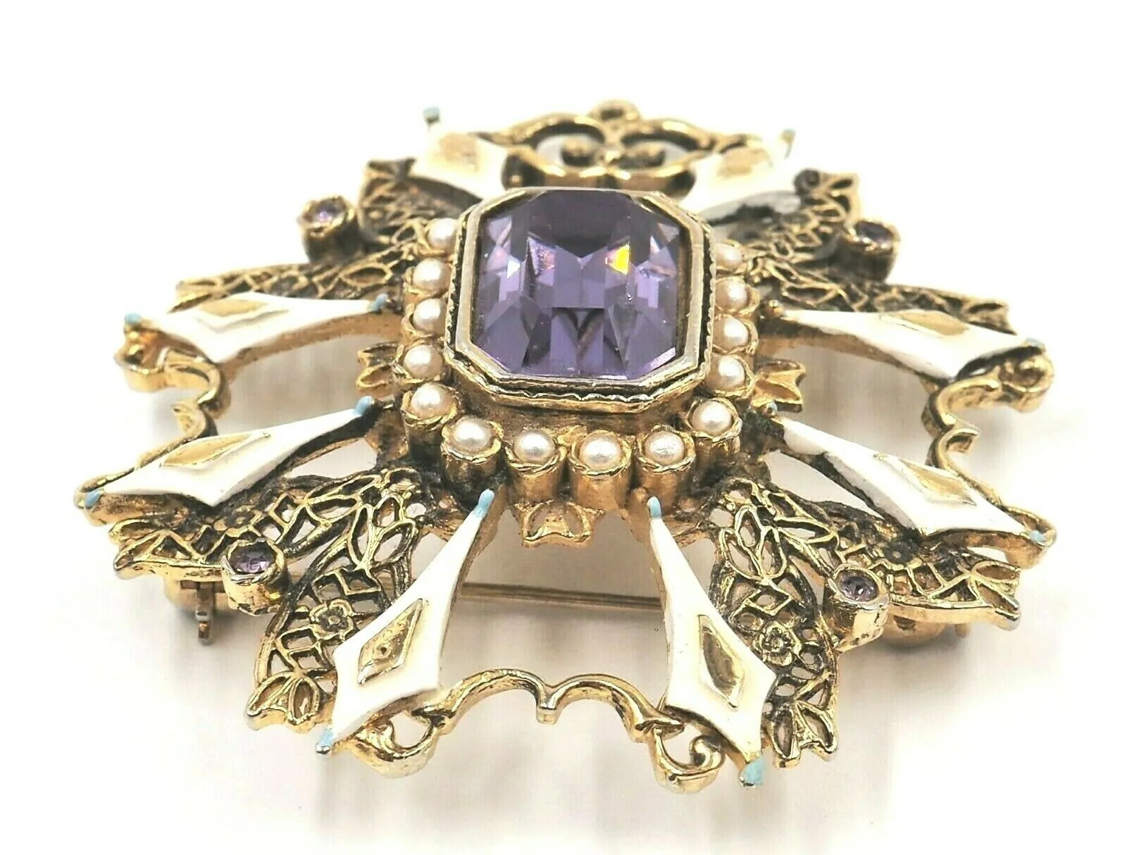 Gold Toned Setting Seed Pearl & Amethyst Glass Brooch Vintage Fashion Jewellery