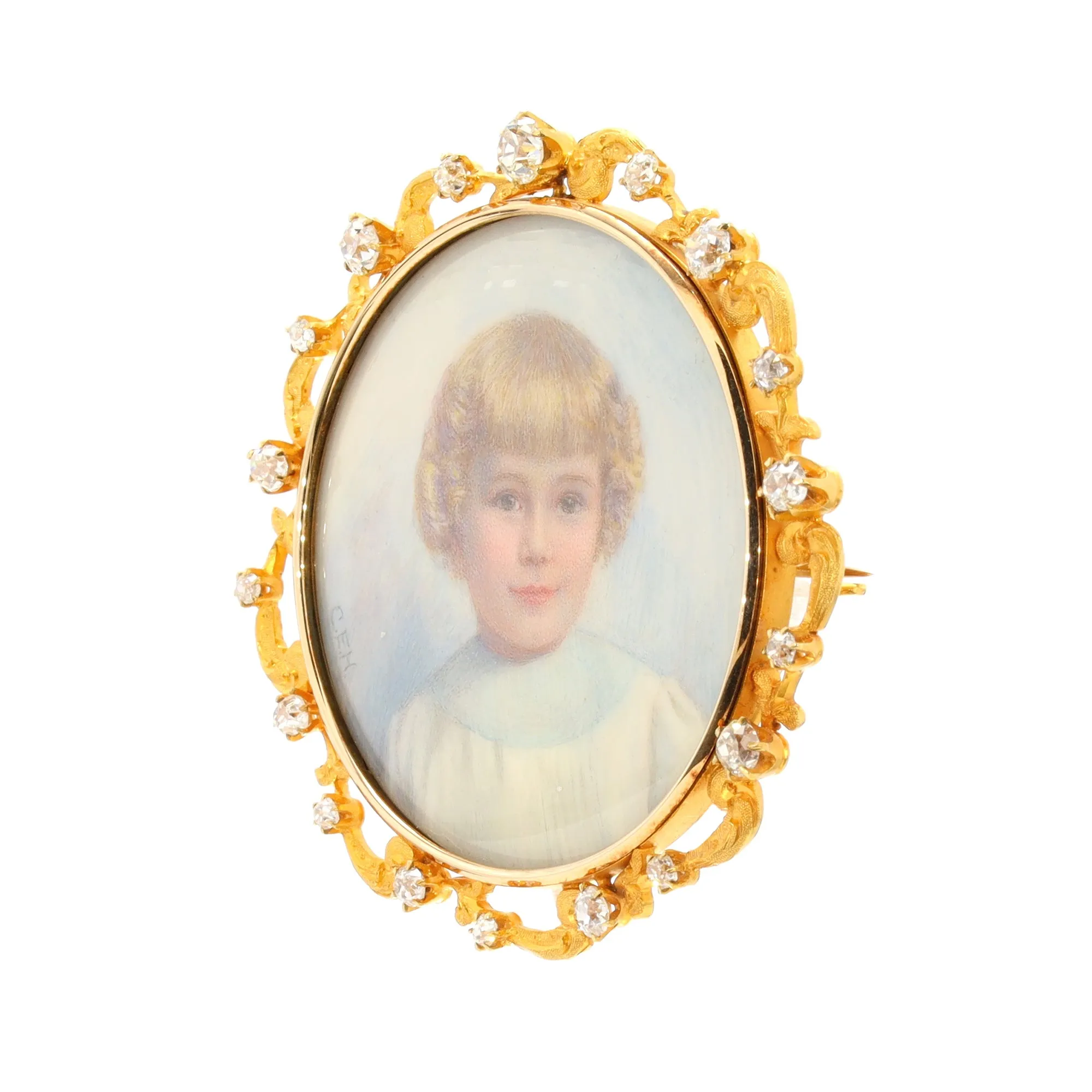 Hand Painted Portrait Pin with Gold and Diamond Frame