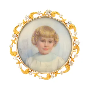 Hand Painted Portrait Pin with Gold and Diamond Frame