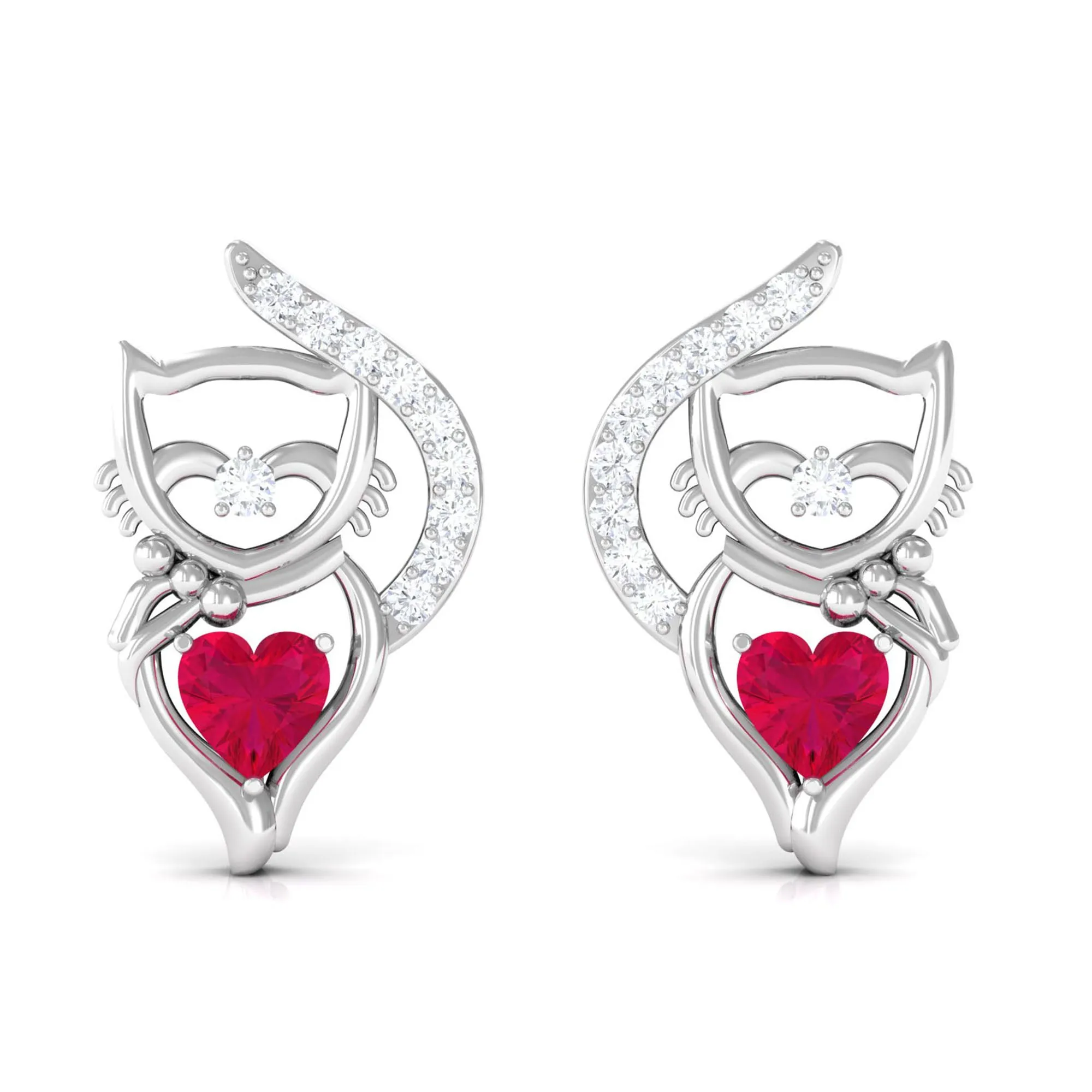 Heart Shape Ruby Cat Stud Earrings with Diamond