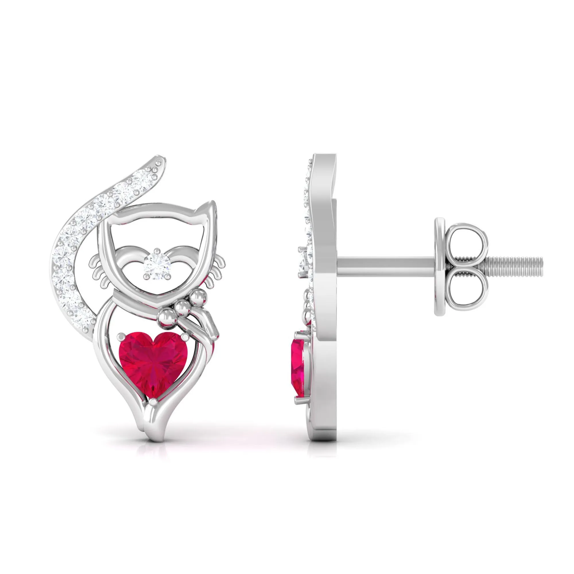 Heart Shape Ruby Cat Stud Earrings with Diamond