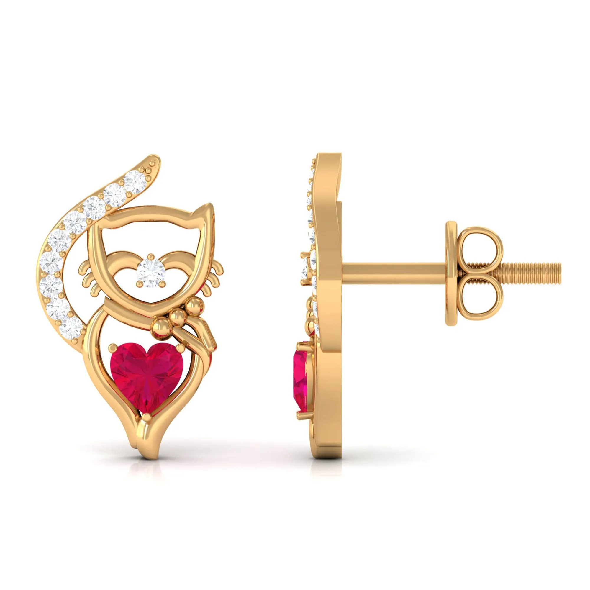 Heart Shape Ruby Cat Stud Earrings with Diamond