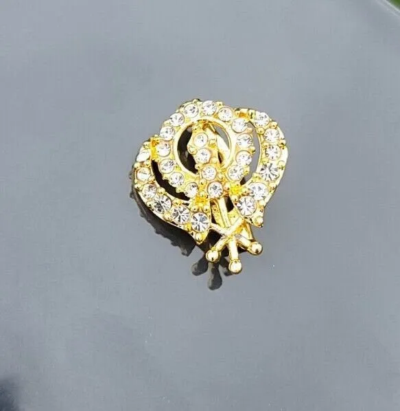 Khanda brooch gold plated stunning diamonte sikh king pin singh kaur broach k57