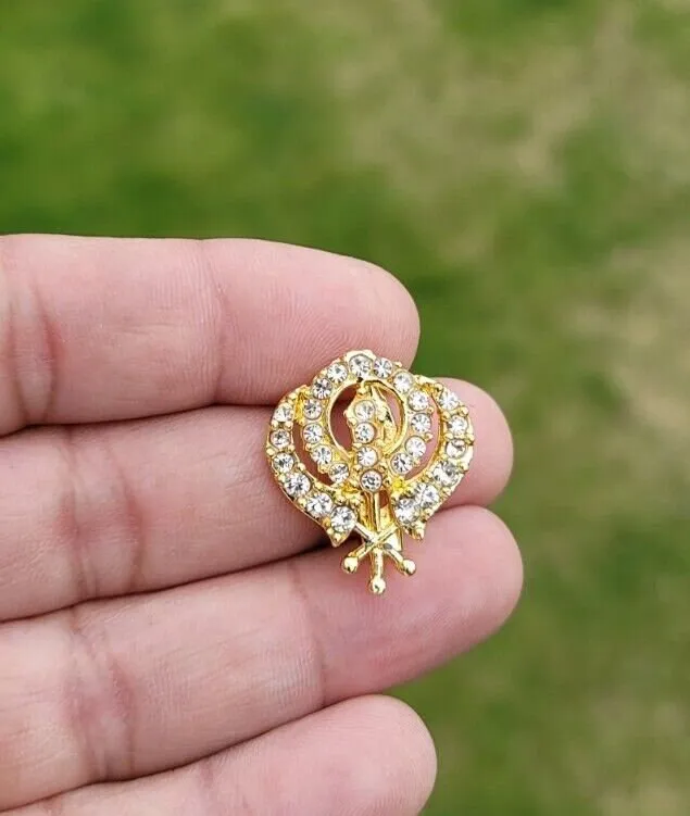 Khanda brooch gold plated stunning diamonte sikh king pin singh kaur broach k57