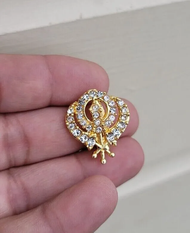 Khanda brooch gold plated stunning diamonte sikh king pin singh kaur broach k57