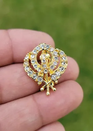 Khanda brooch gold plated stunning diamonte sikh king pin singh kaur broach k57