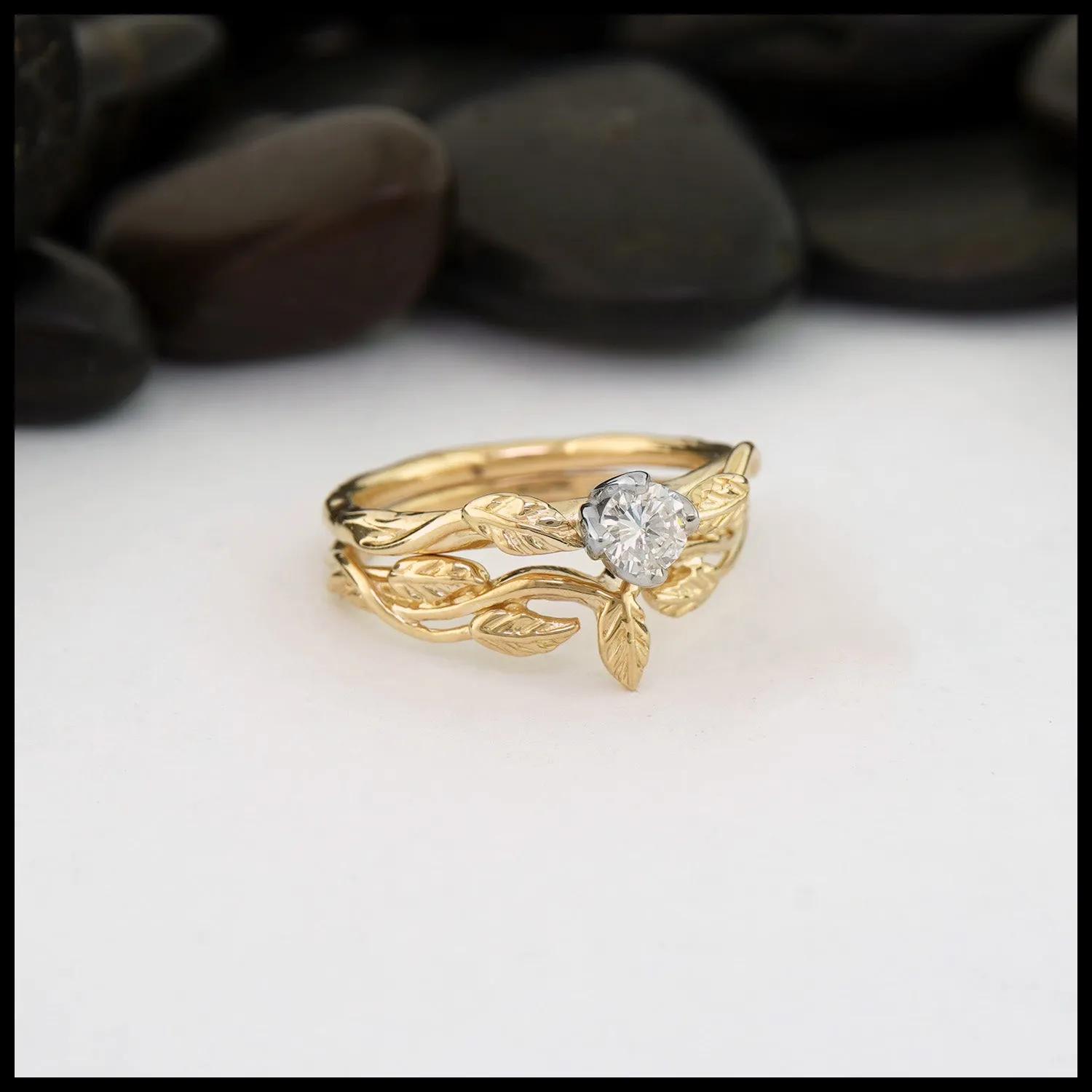 Leaf and Vine Wedding Set in 14K Yellow Gold