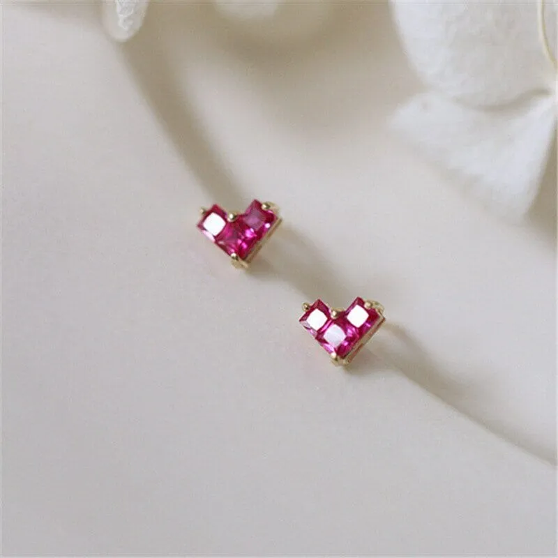 Light Luxury French Heart Ruby Stud Earrings - 925 Sterling Silver