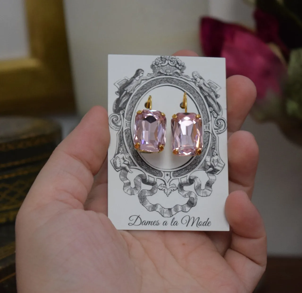 Light Pink Aurora Crystal Earrings - Large Octagon