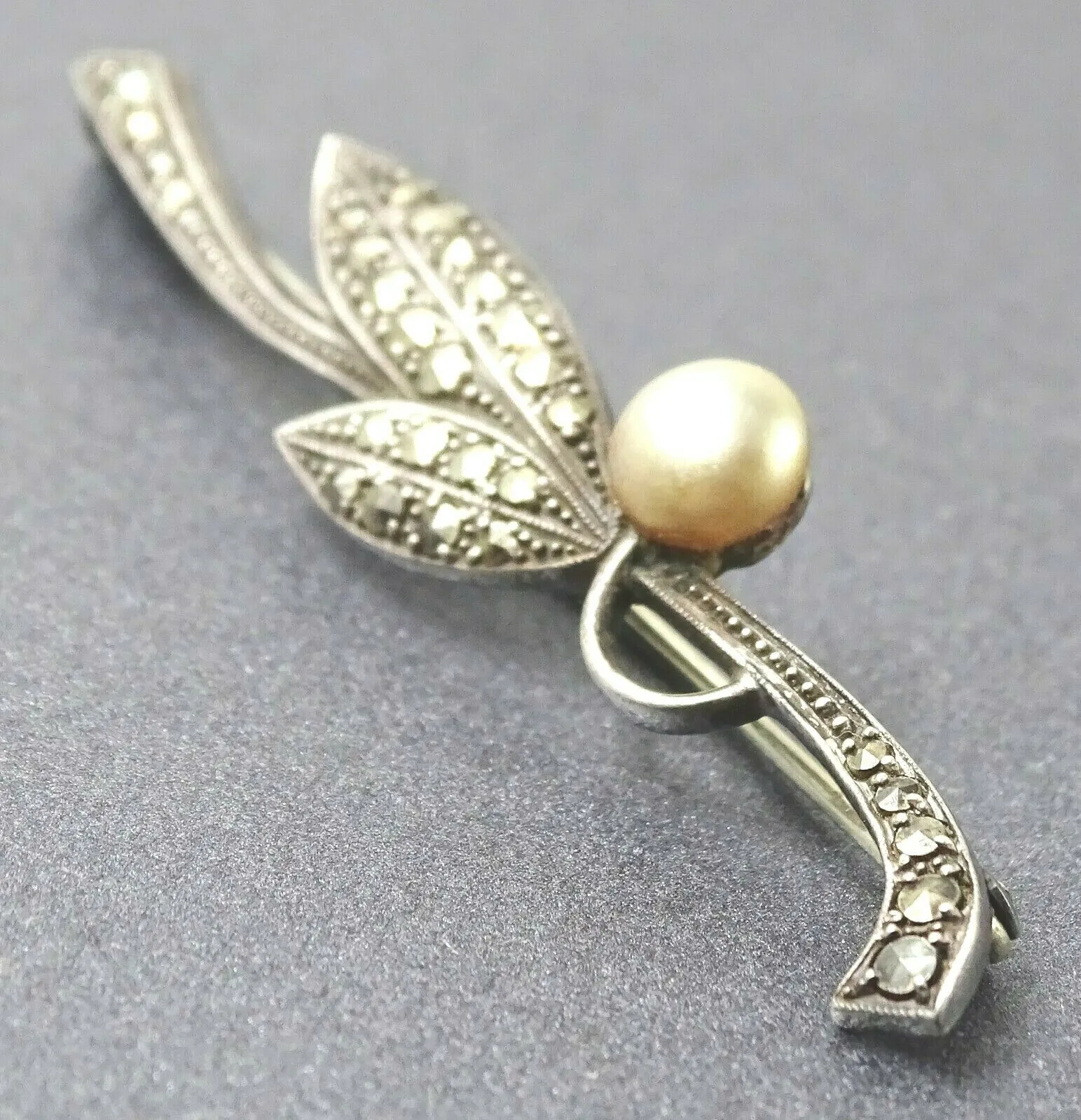 Marcasite & Pearl Sterling Silver Brooch