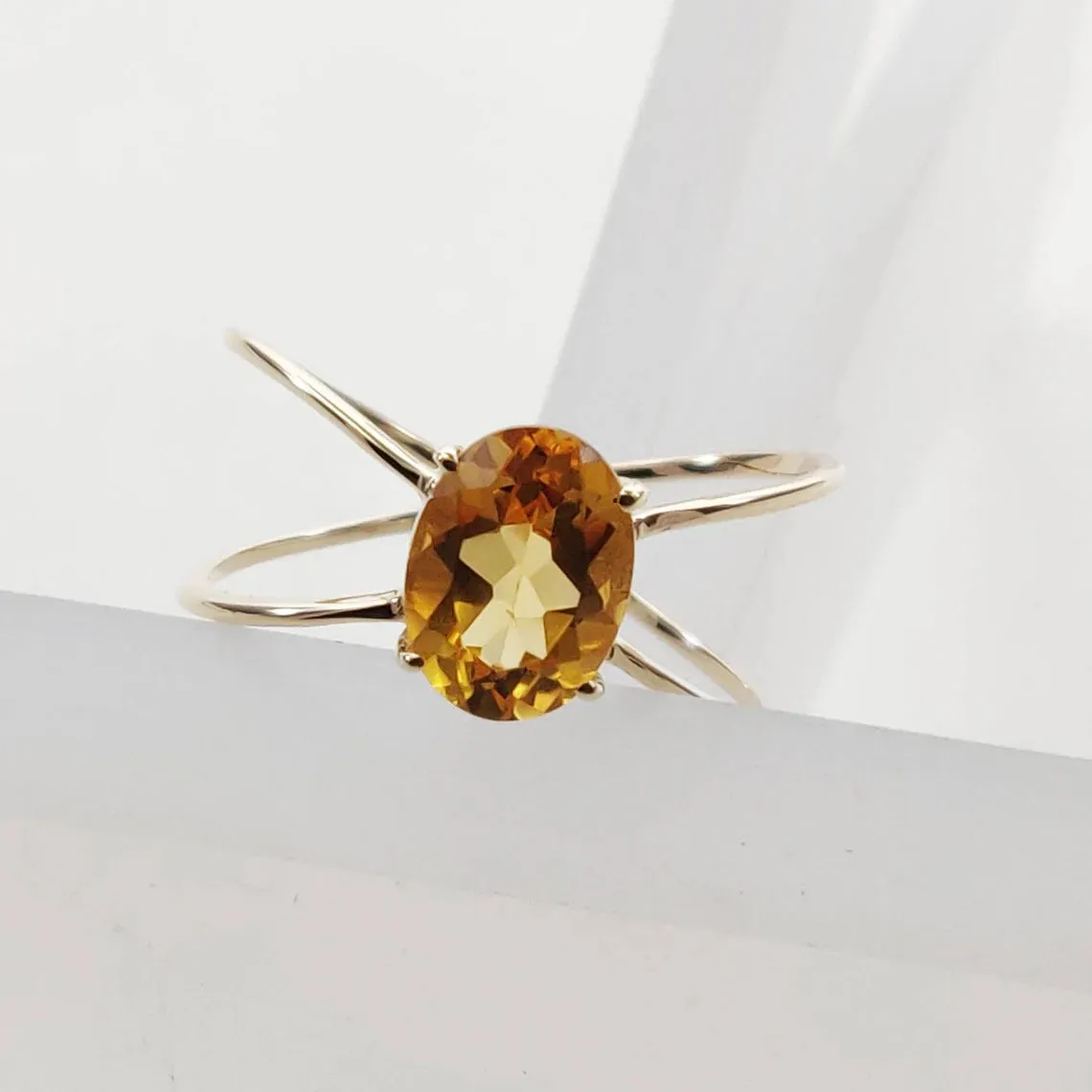 Natural Oval Cut Citrine Open Double Band Solitaire Ring - 14k Gold Vermeil Rings