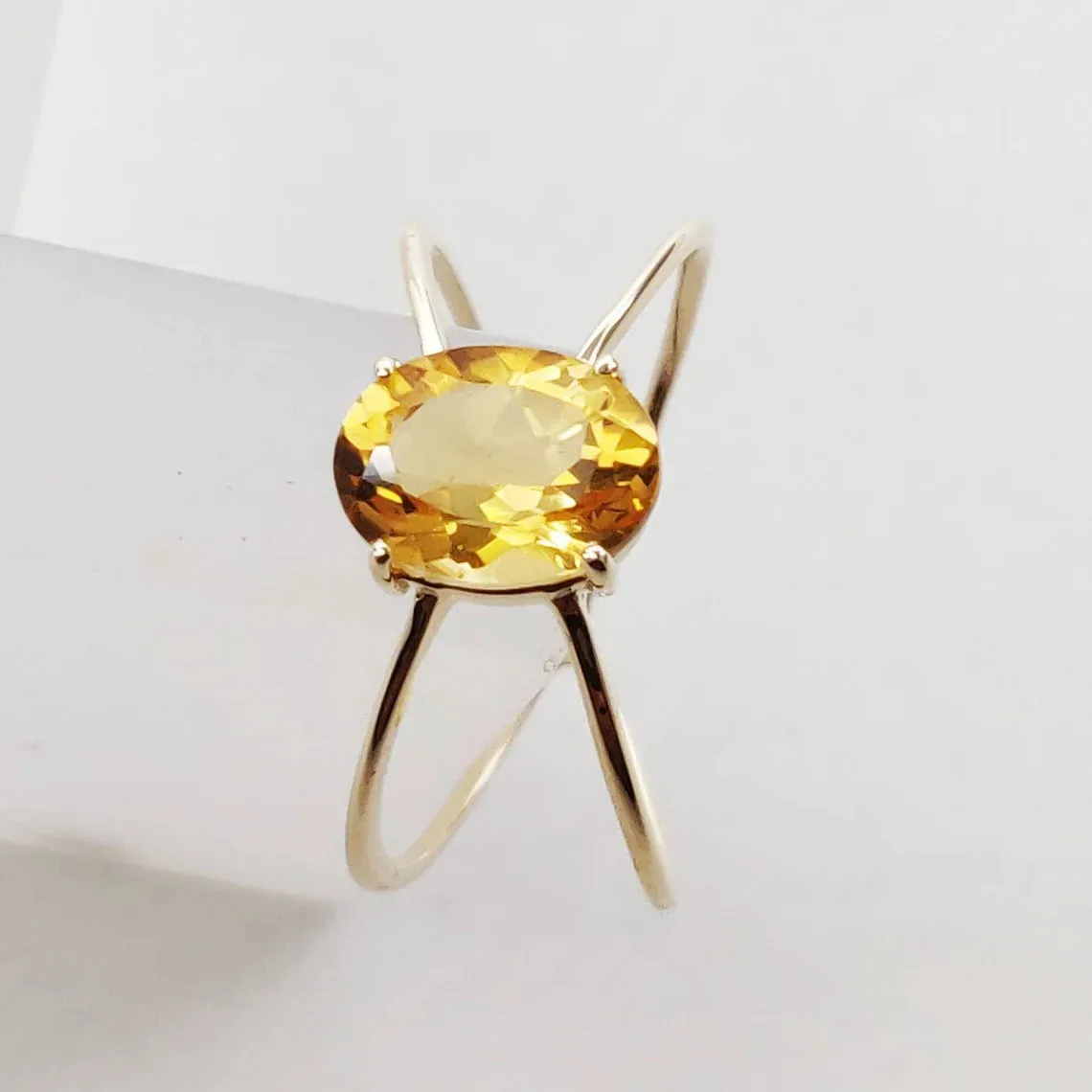 Natural Oval Cut Citrine Open Double Band Solitaire Ring - 14k Gold Vermeil Rings