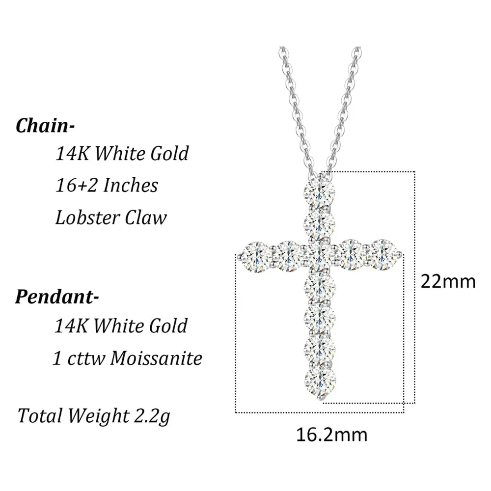 One Carat White Moissanite Gemstone In 14K Solid White Gold Cross Necklace