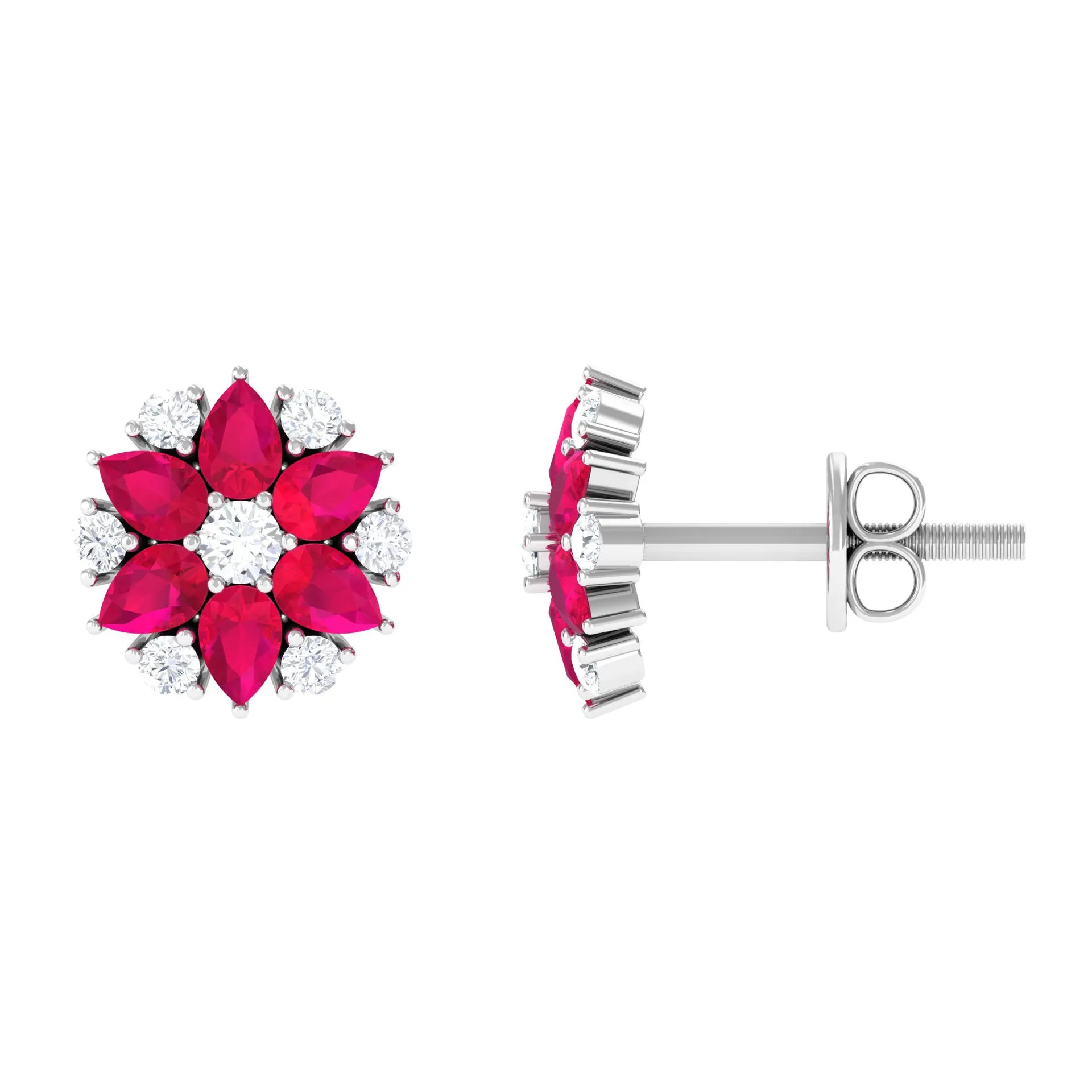 Pear Cut Ruby and Diamond Flower Stud Earrings