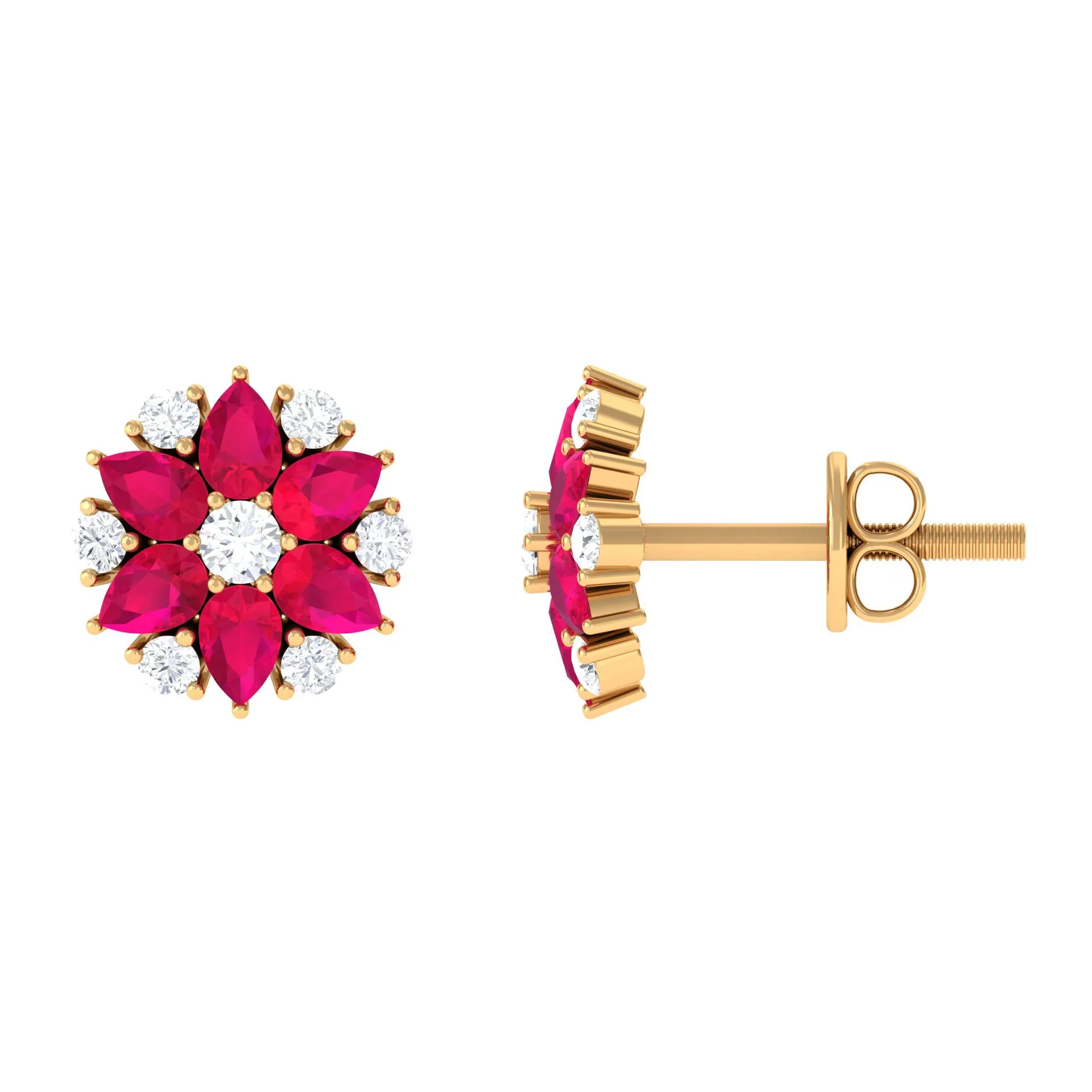 Pear Cut Ruby and Diamond Flower Stud Earrings