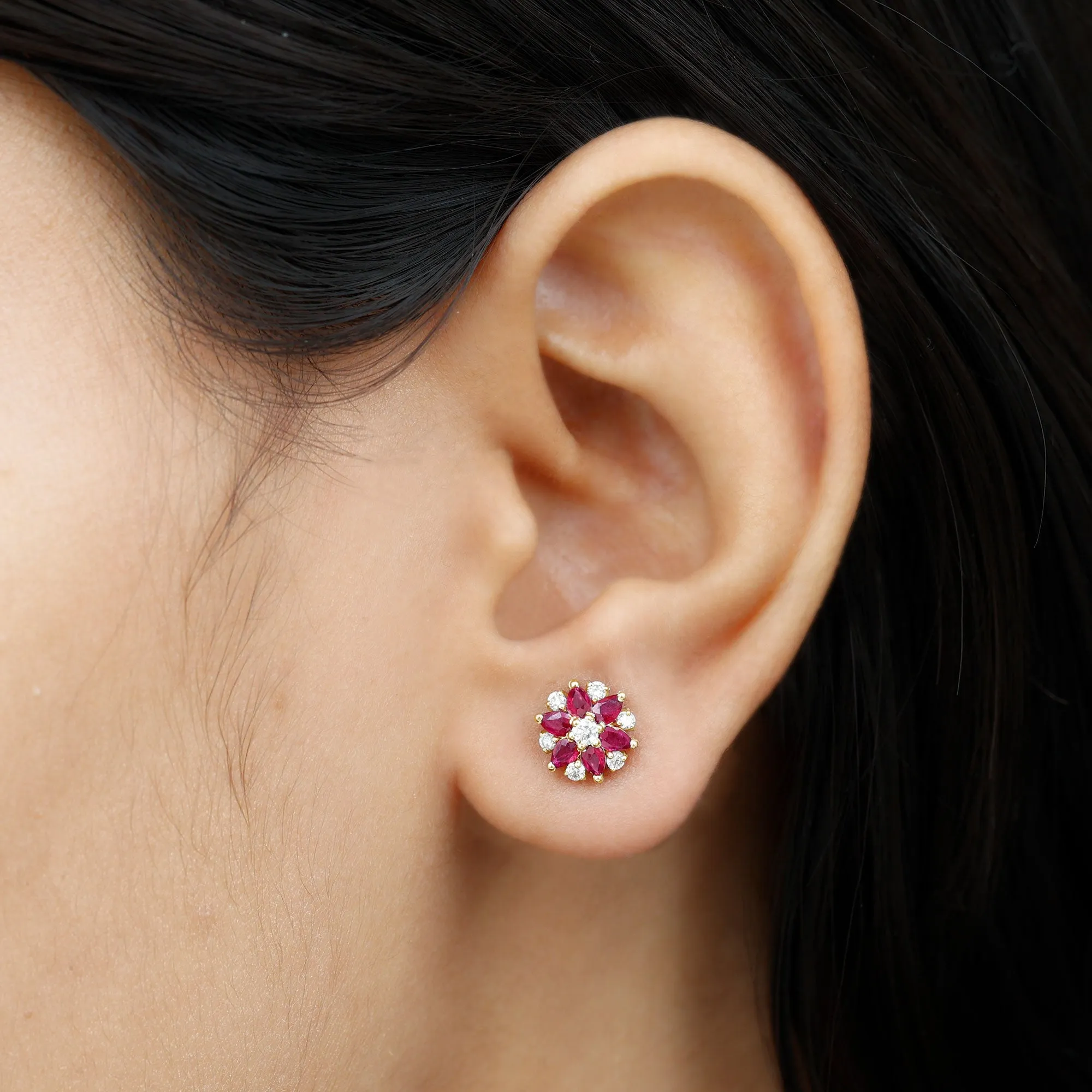 Pear Cut Ruby and Diamond Flower Stud Earrings