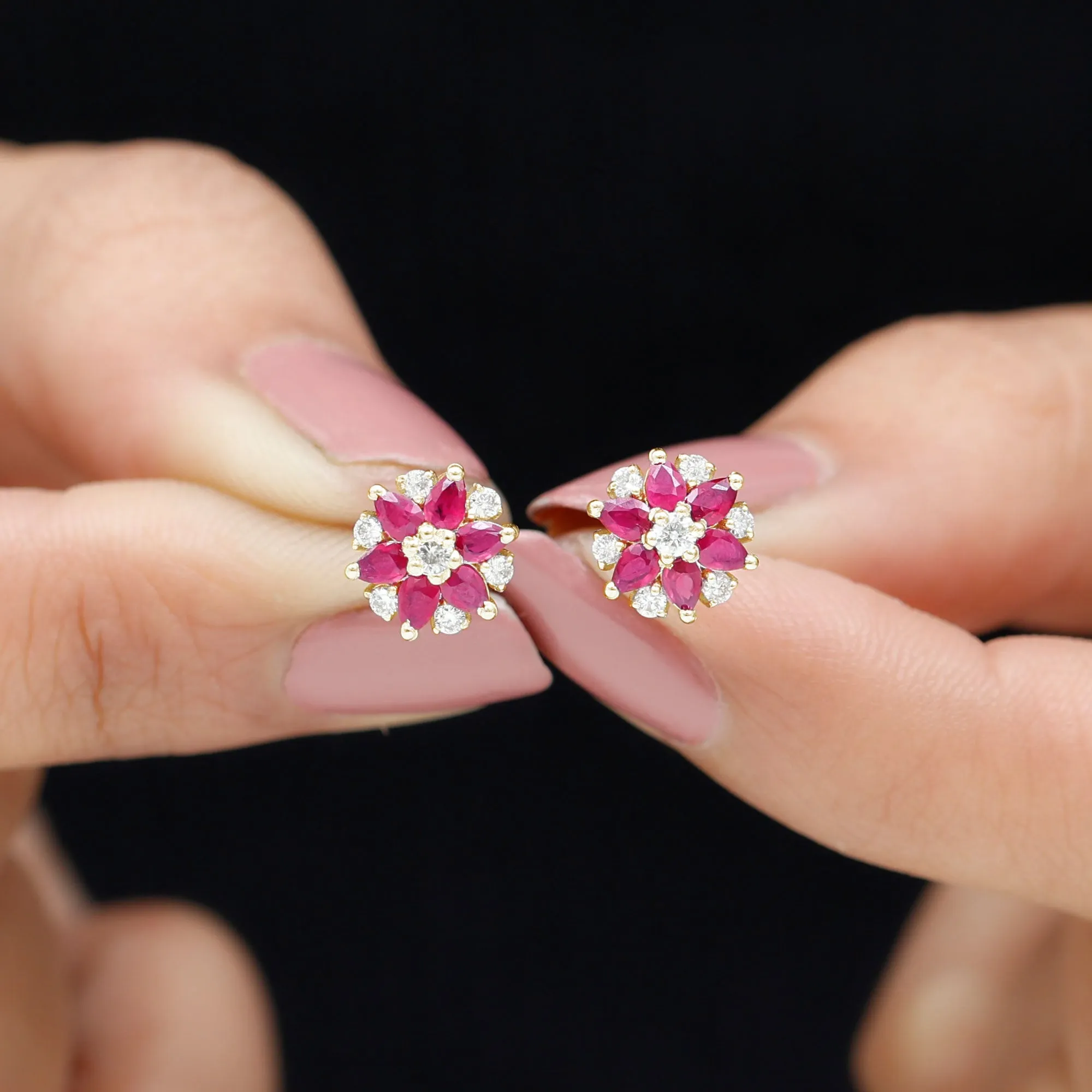 Pear Cut Ruby and Diamond Flower Stud Earrings