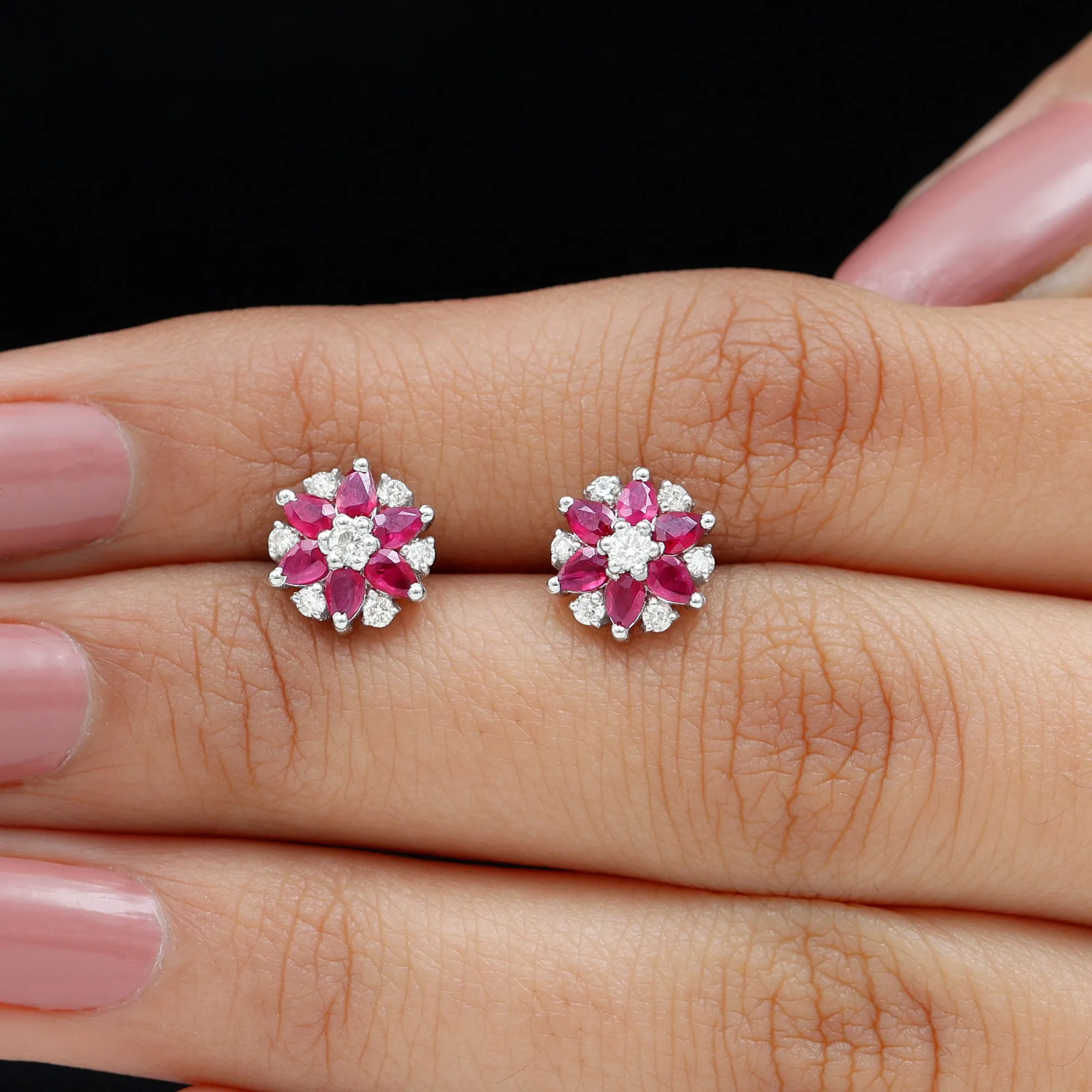 Pear Cut Ruby and Diamond Flower Stud Earrings