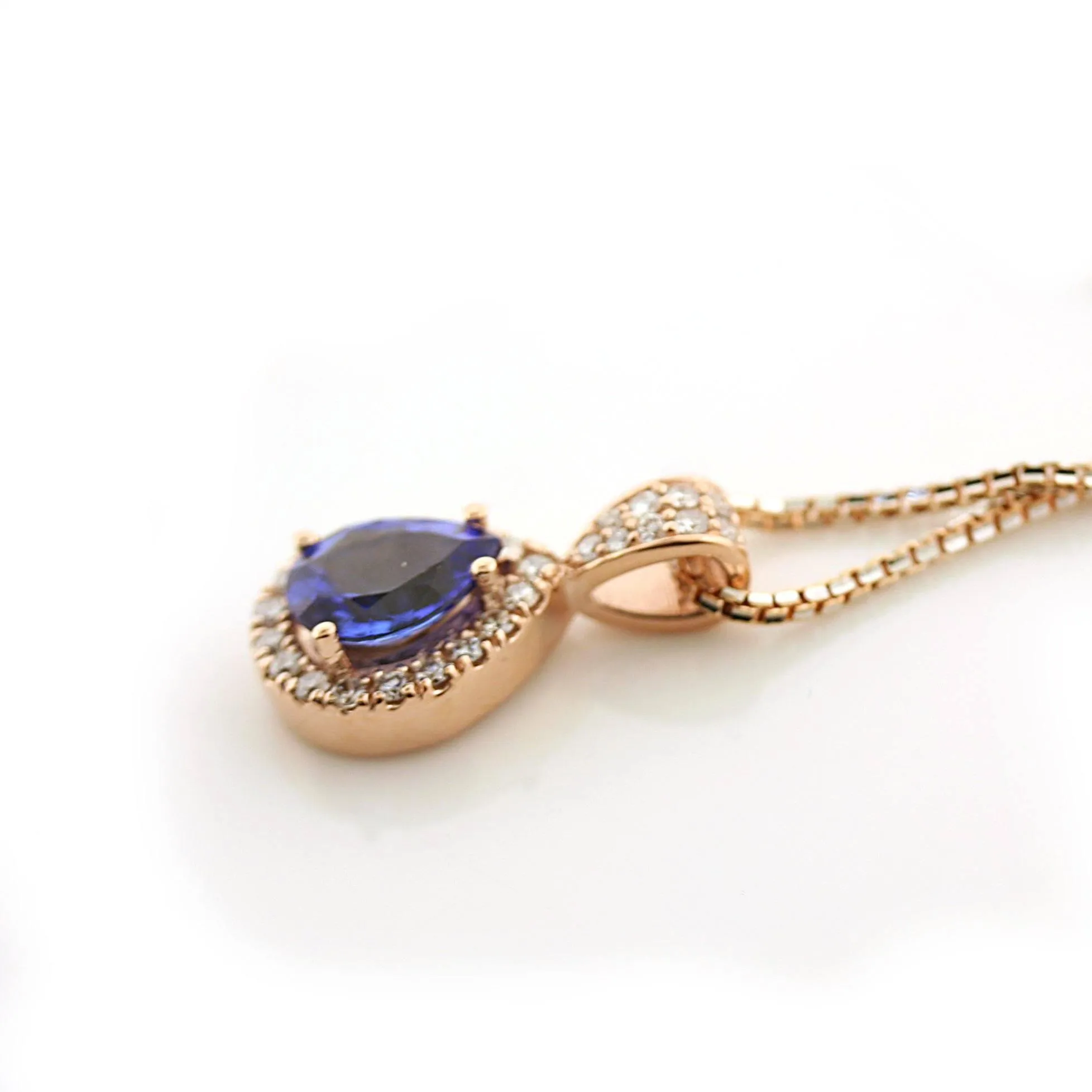 Pear Shaped Center Gemstone Diamond Halo Pendant and Chain 18K Pink Gold Custom Made