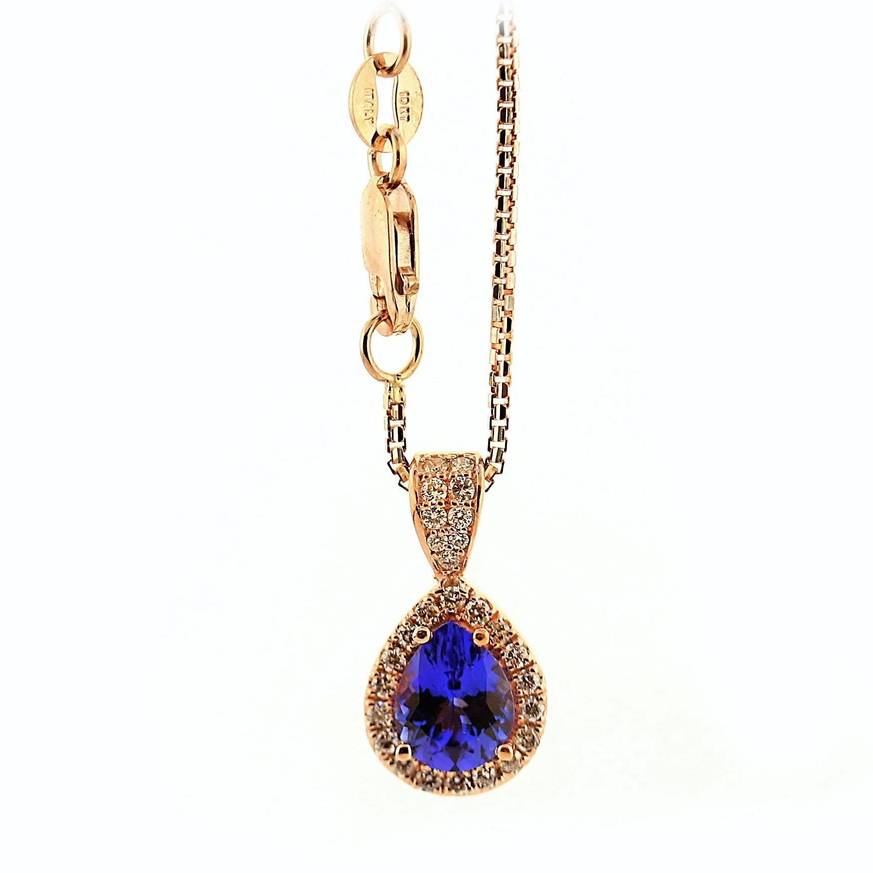 Pear Shaped Center Gemstone Diamond Halo Pendant and Chain 18K Pink Gold Custom Made