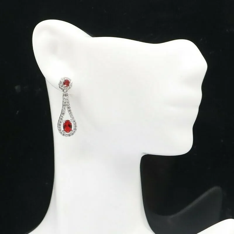 Petite Created Red Ruby Halo Micro Pave Dangle Earrings