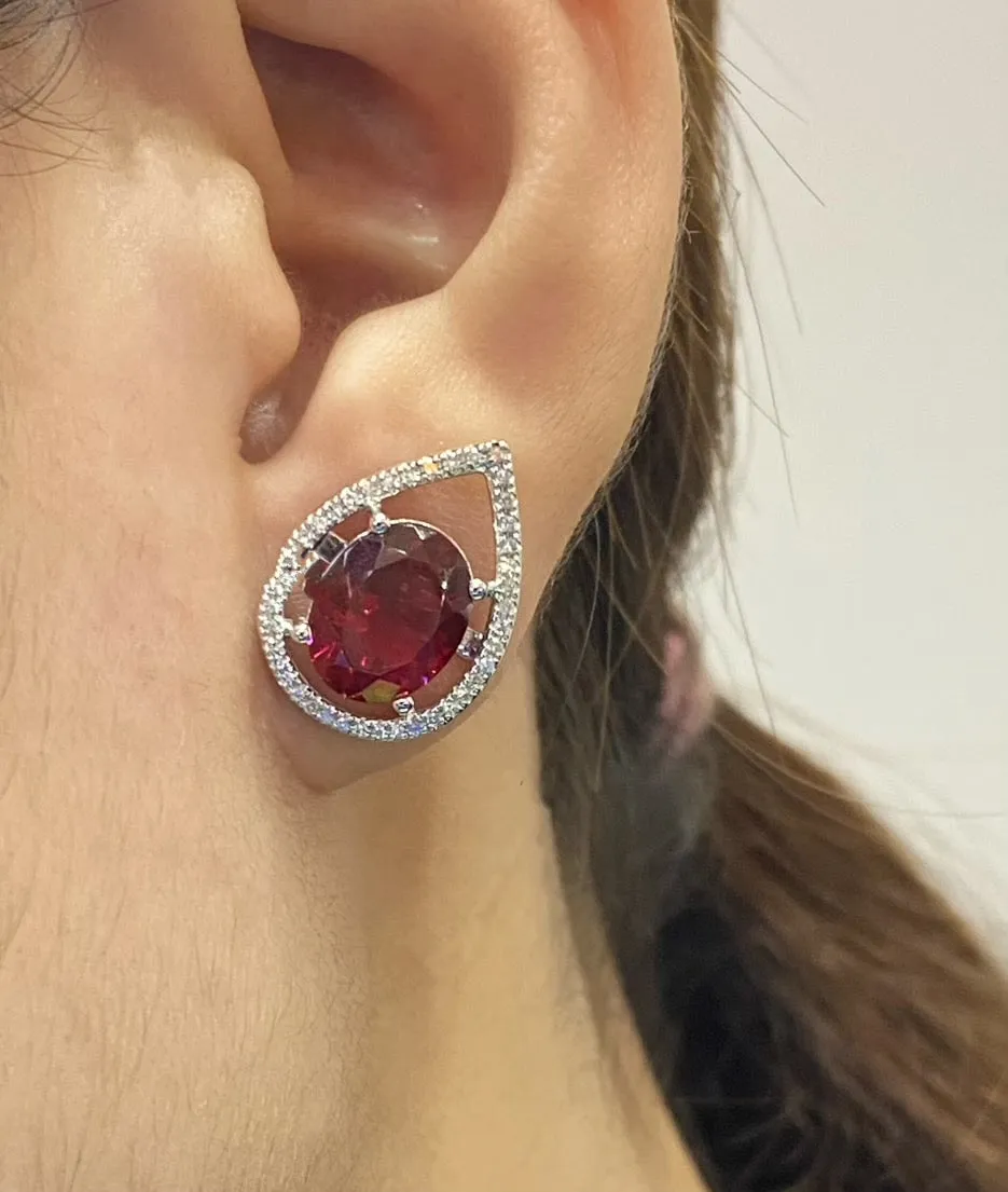 PREORDER | Large Oval Pear Red Ruby Gemstones Diamond Earrings 14kt