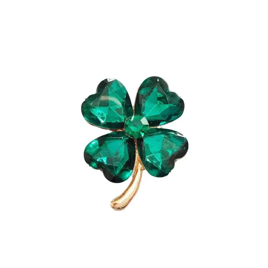 Pretty 3 Pcs Small Emerald Green 4 leaf Clover Brooch Pin with Heart Accent ,St Patricks Day Gift, Irish Shamrock Good Luck, Heart Crystals Vintage