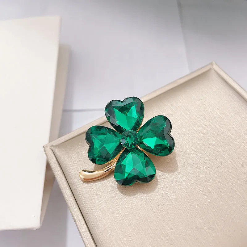 Pretty 3 Pcs Small Emerald Green 4 leaf Clover Brooch Pin with Heart Accent ,St Patricks Day Gift, Irish Shamrock Good Luck, Heart Crystals Vintage