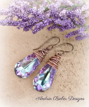 Purple Swarovski crystal earrings with copper wire wrapping, french ear wire.